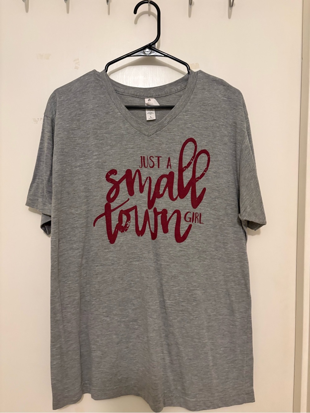Gray V-Neck Tee with Red Script Graphic - Small Town Girl
